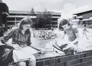 Two students sitting and studying on raised brick wall