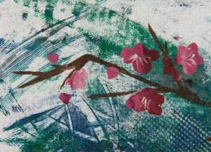 Fiber print of maroon flowers with blue and green surrounding pattersn on an off-white fabric