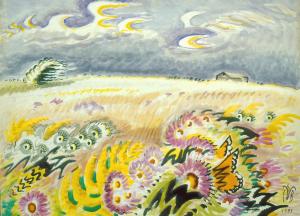 Burchfield painting in pastel colors featuring sky with clouds and landscape of flowers