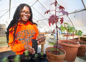 Student wearing Buffalo State sweatshirt working in the greenhouse