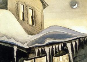 Burchfield painting in subdued colors featuring building with lighted windows and icicles hanging from roof and a moon in the dusk sky