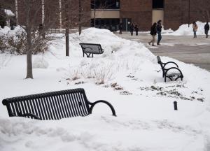 Benches in Union quad buried in snow at Buffalo State