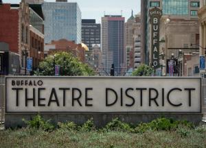 Large sign that says "Buffalo Theatre District"