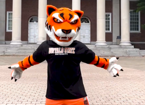 Benji Bengal in front of Rockwell Hall