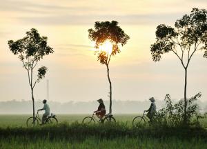 Three people riding bikes in Southeast Asia